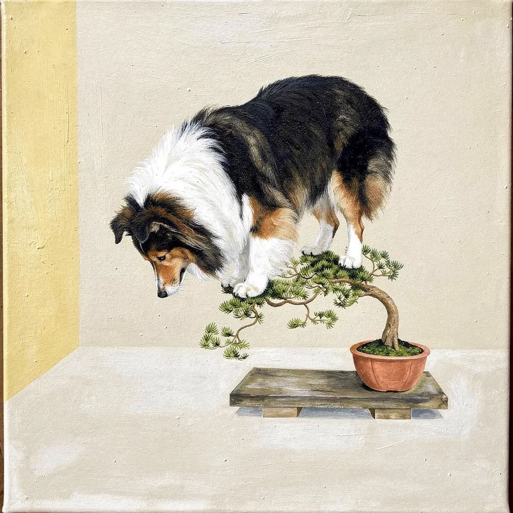 FuzzyFace, Dog on Bonsai Tree, Oil Painting