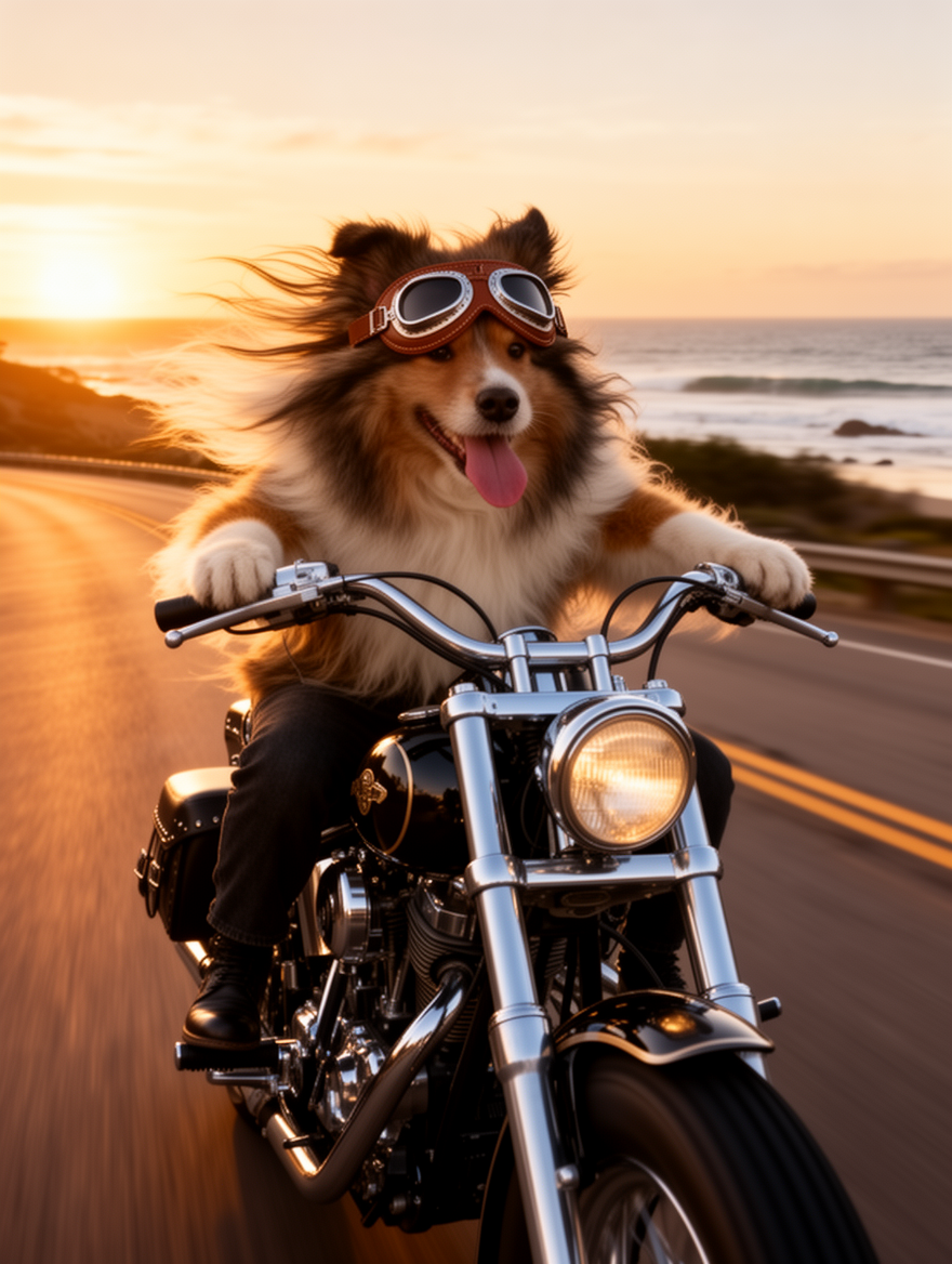 FuzzyFace Dog on Classic Motorcycle with Googles